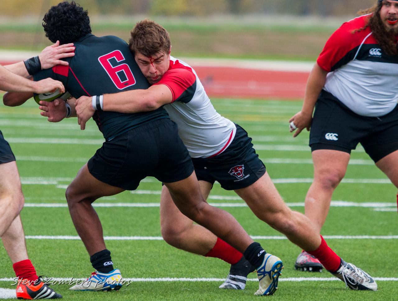 Davenport University rugby, in white, against Arkansas State October 29, 2016. DU won 15-12. Steven Zomberg photo.