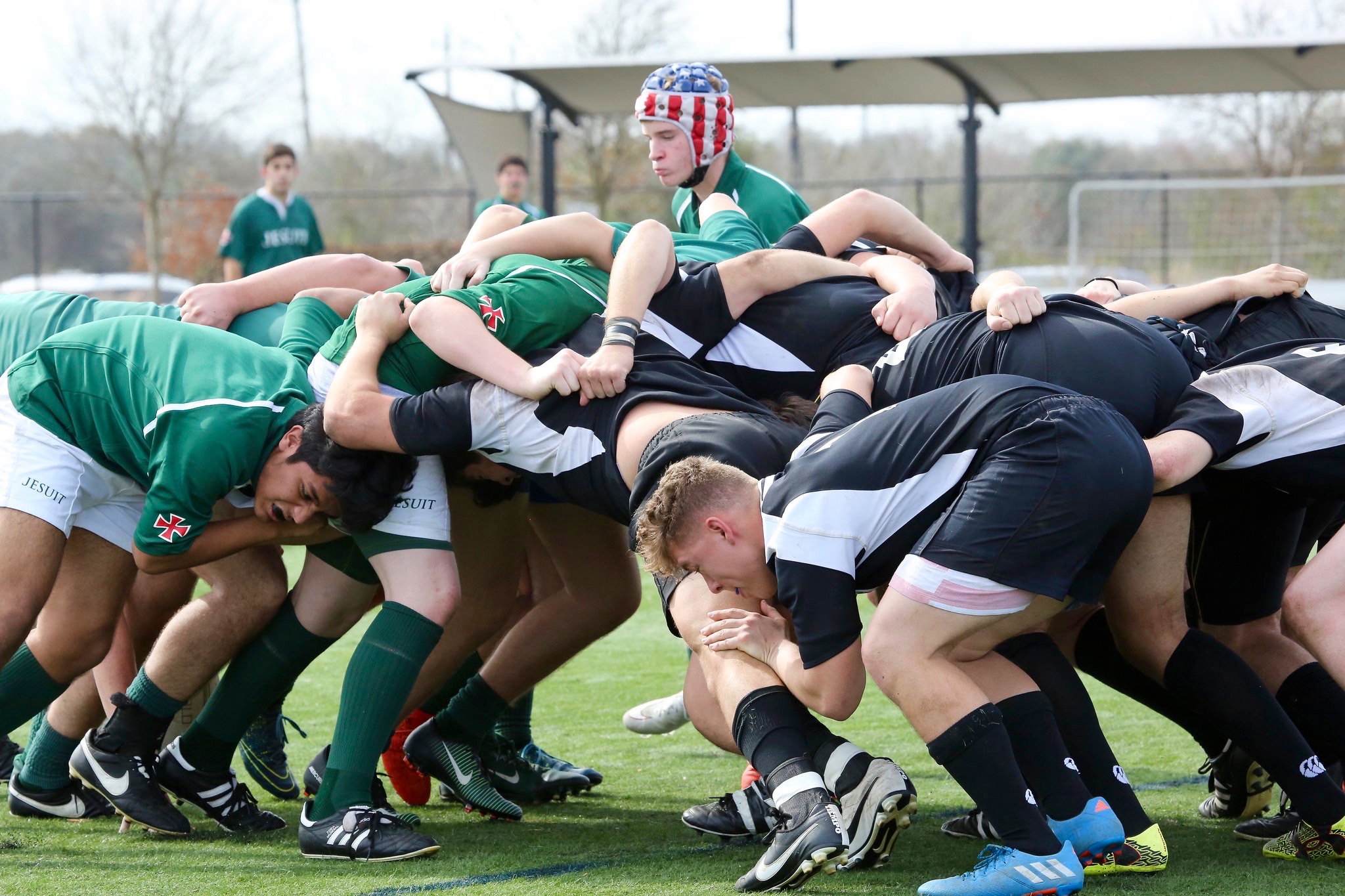 Strake Jesuit scrum with Four Points. Rugby Texas action 2017. Elizabeth Pardee photo.