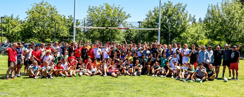 The HS rugby teams from Jesuit Sacramento and Granite Bay post together after a joint practice. All are waring a red wristband in support of injured former Jesuit player Robert Paylor. Dan Bandoni photo.