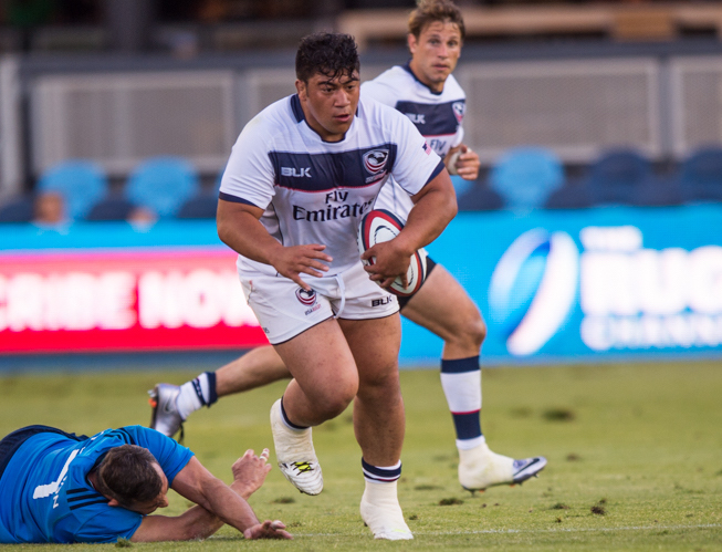 Titi Lamositele in action for the USA rugby team in 2016. David Barpal for Goff Rugby Report photo.
