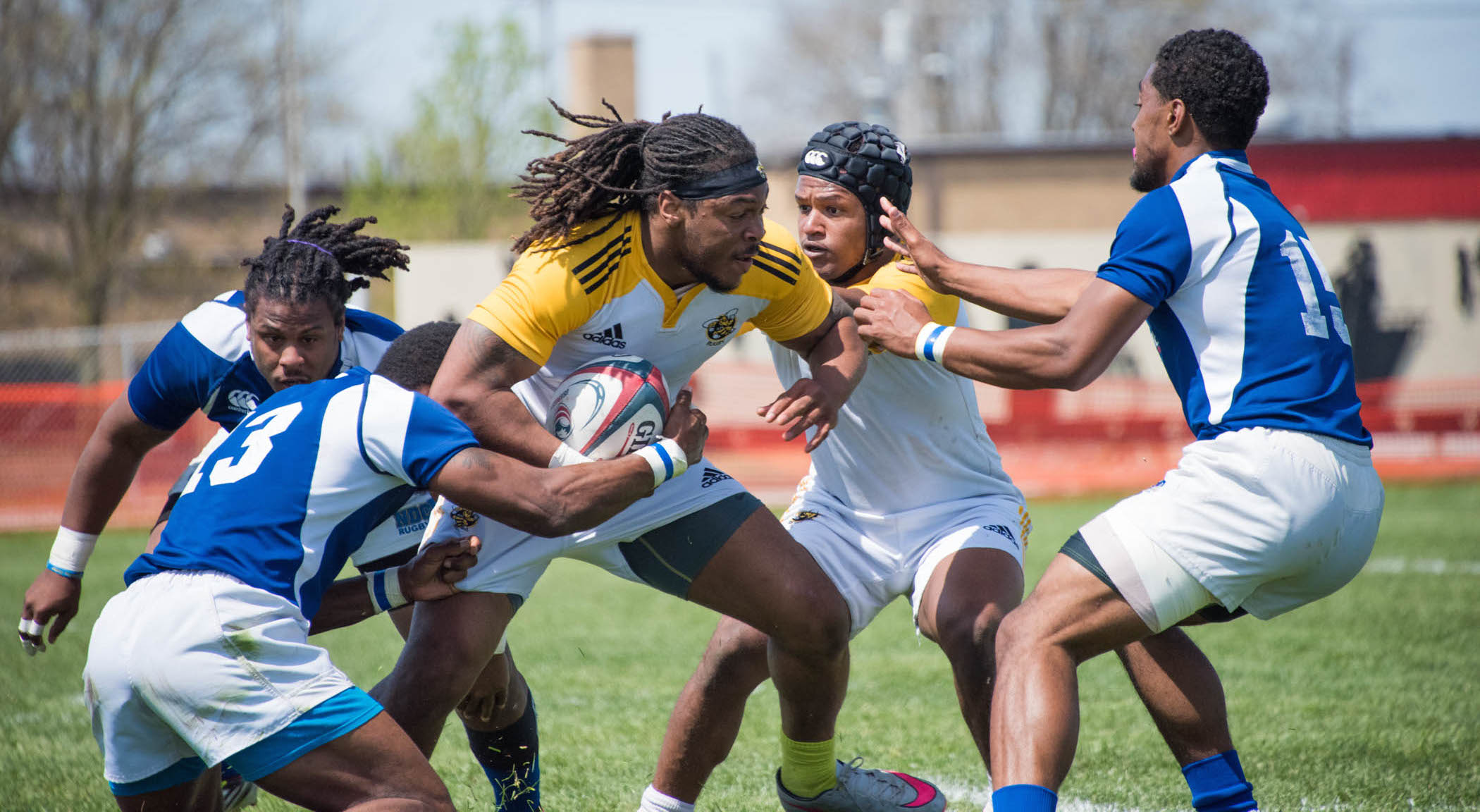 Christian Adams in action for AIC Rugby. Spring 2016. Kevin Mercer photo.
