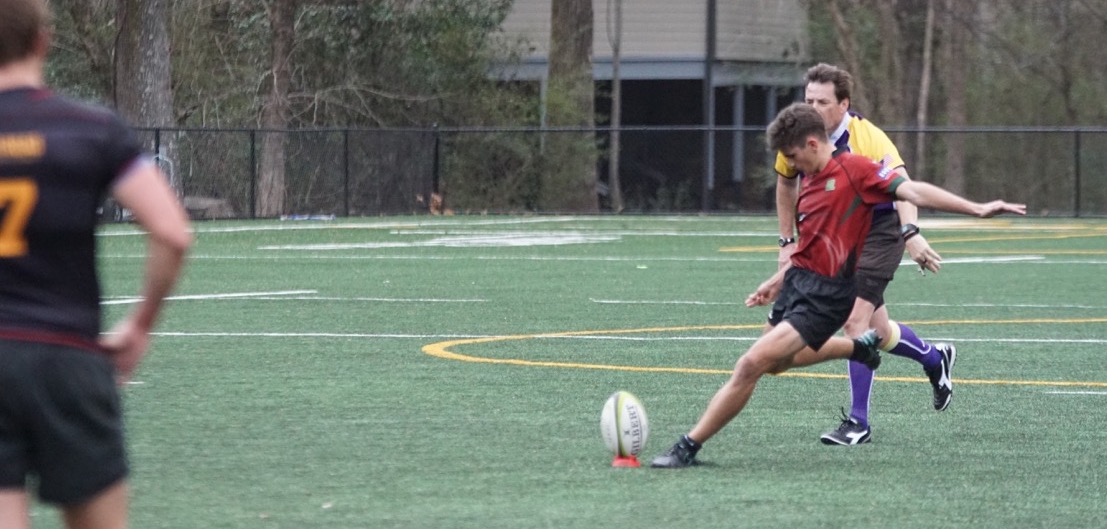 Phoenix v East Cobb rugby, Feb 2017. Ollie Kennett kicks for goal. Buster Kennett photo.