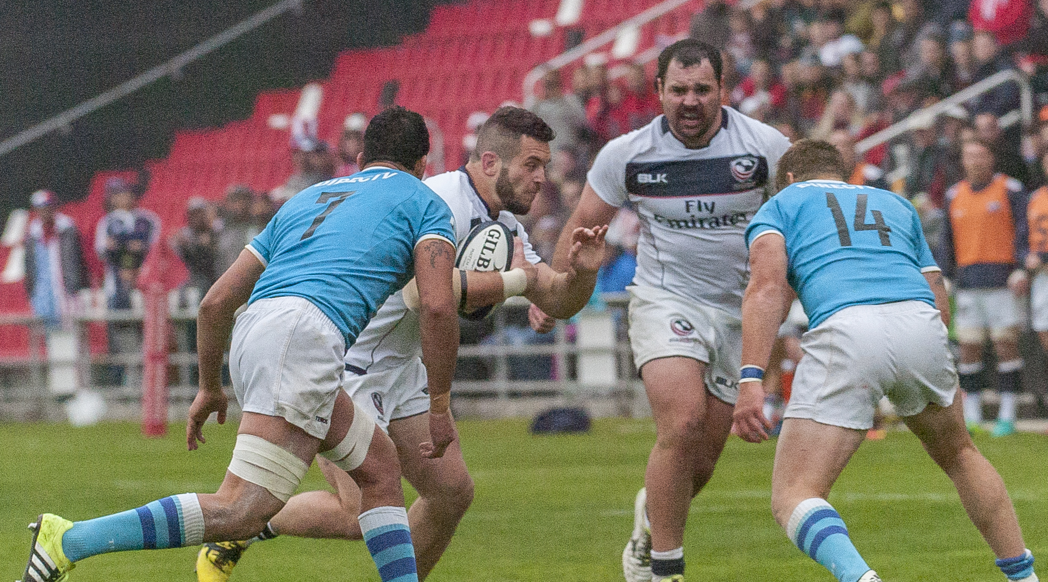 Newcomer Peter Malcolm with the ball for USA v Uruguay Feb 4. Colleen McCloskey photo