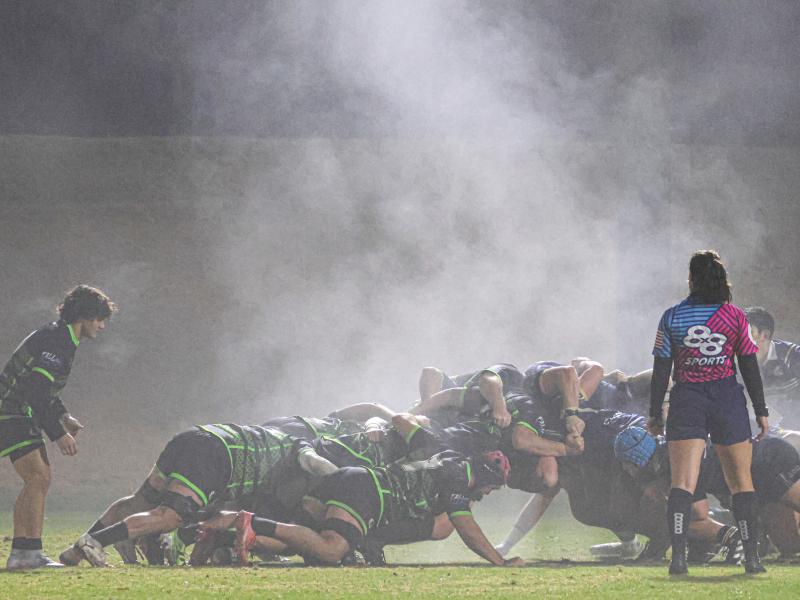 Scrum in the fog UBC vs Life at the 2025 Fall Classic. Photo Calder Cahill.