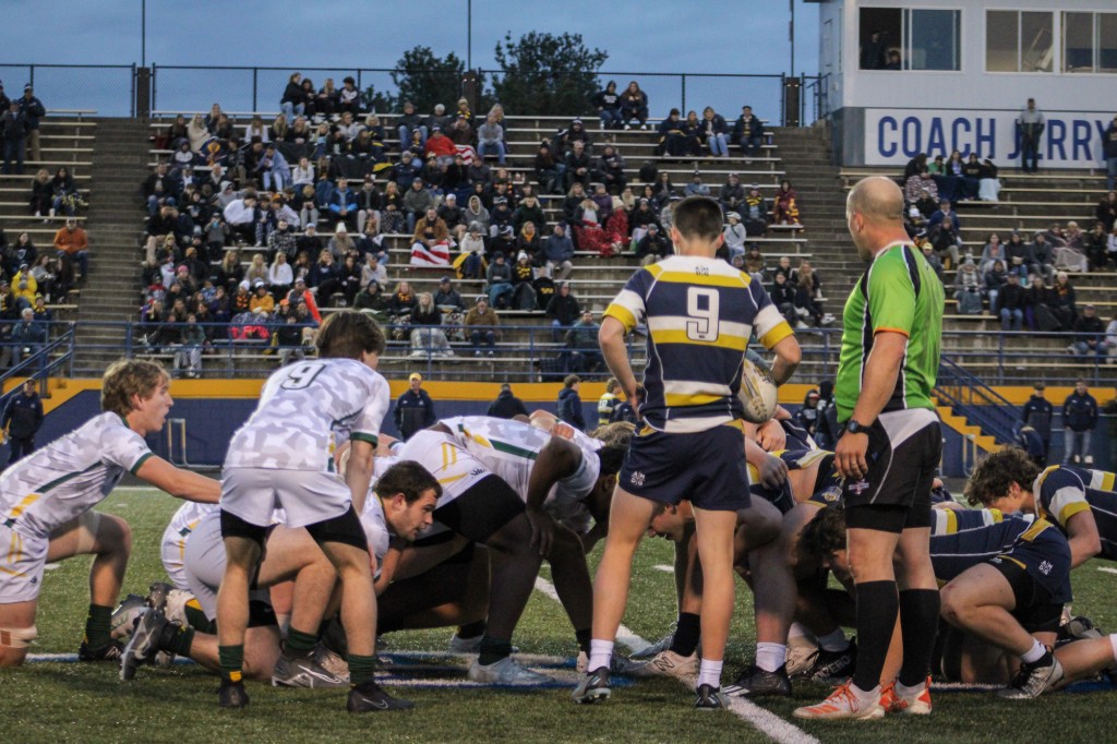 St. Edward, in white, and St. Ignatius, in blue and gold, in last Saturday's game. Jack Nece photo.