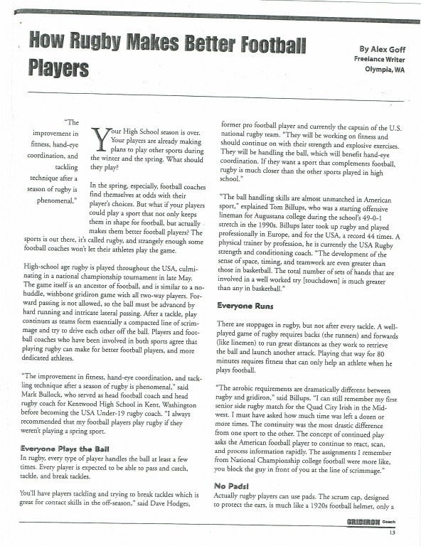 From 2000, Gridiron Coach article on rugby helping football players improve.