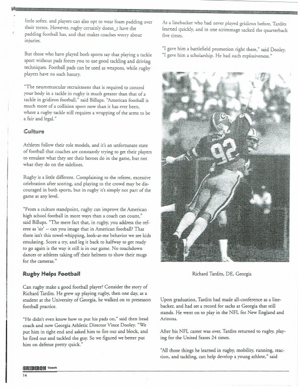 From 2000, Gridiron Coach article on rugby helping football players improve.