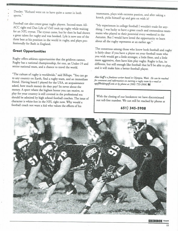 From 2000, Gridiron Coach article on rugby helping football players improve.