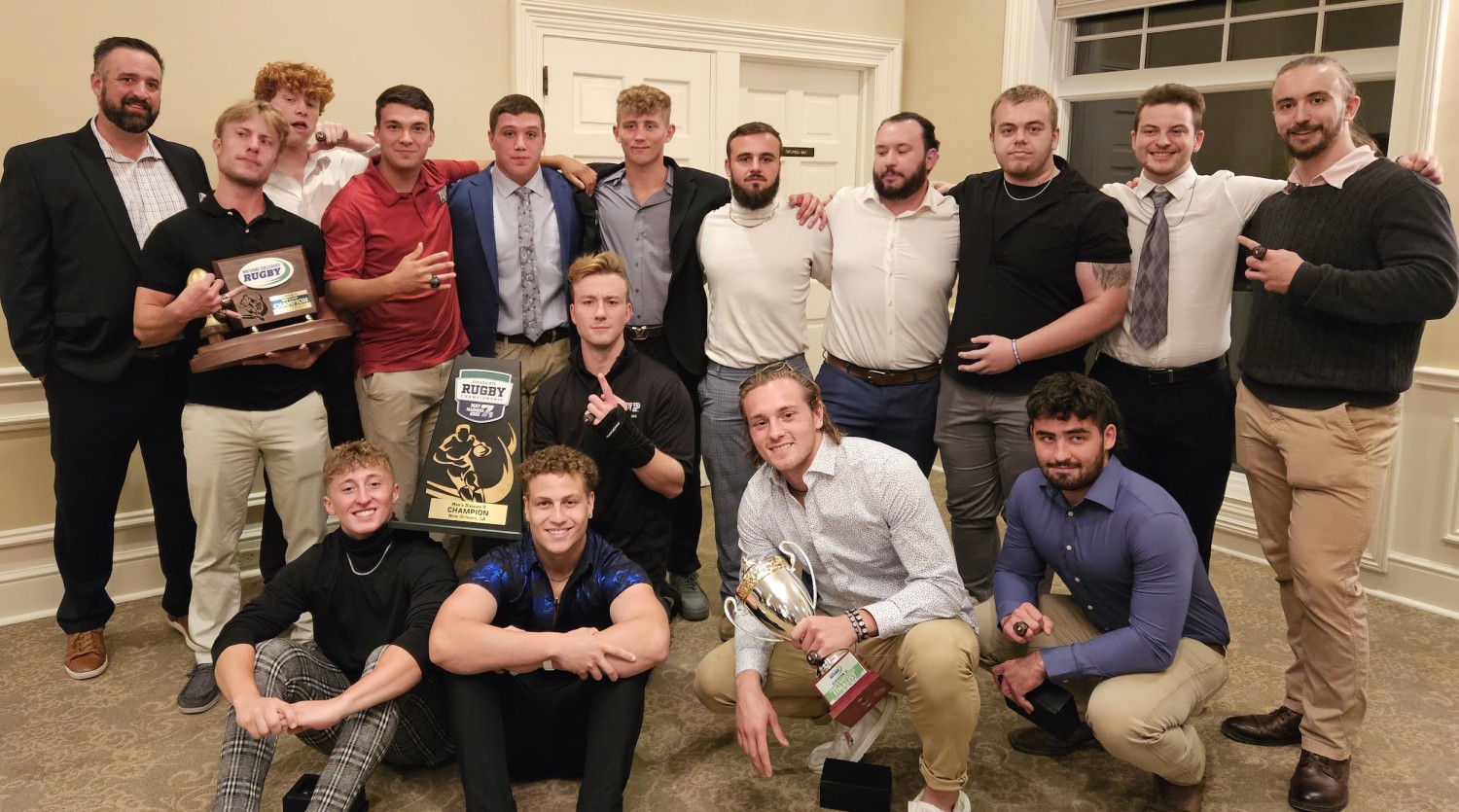 IUP players with their 2023 CRC Championship rings and trophy. Photo Alex Goff.