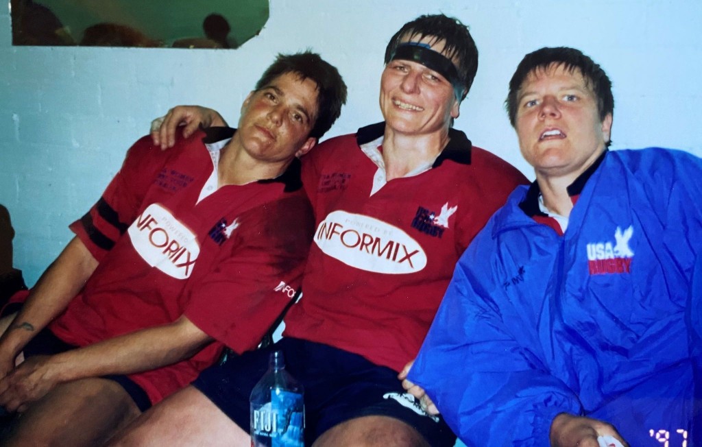 USA Women's National Team players Carol Burdick (left), Liz Kirk (center), and Barb Bond (right) after playing a match in the 1998 RWC. Photo courtesy Liz Kirk