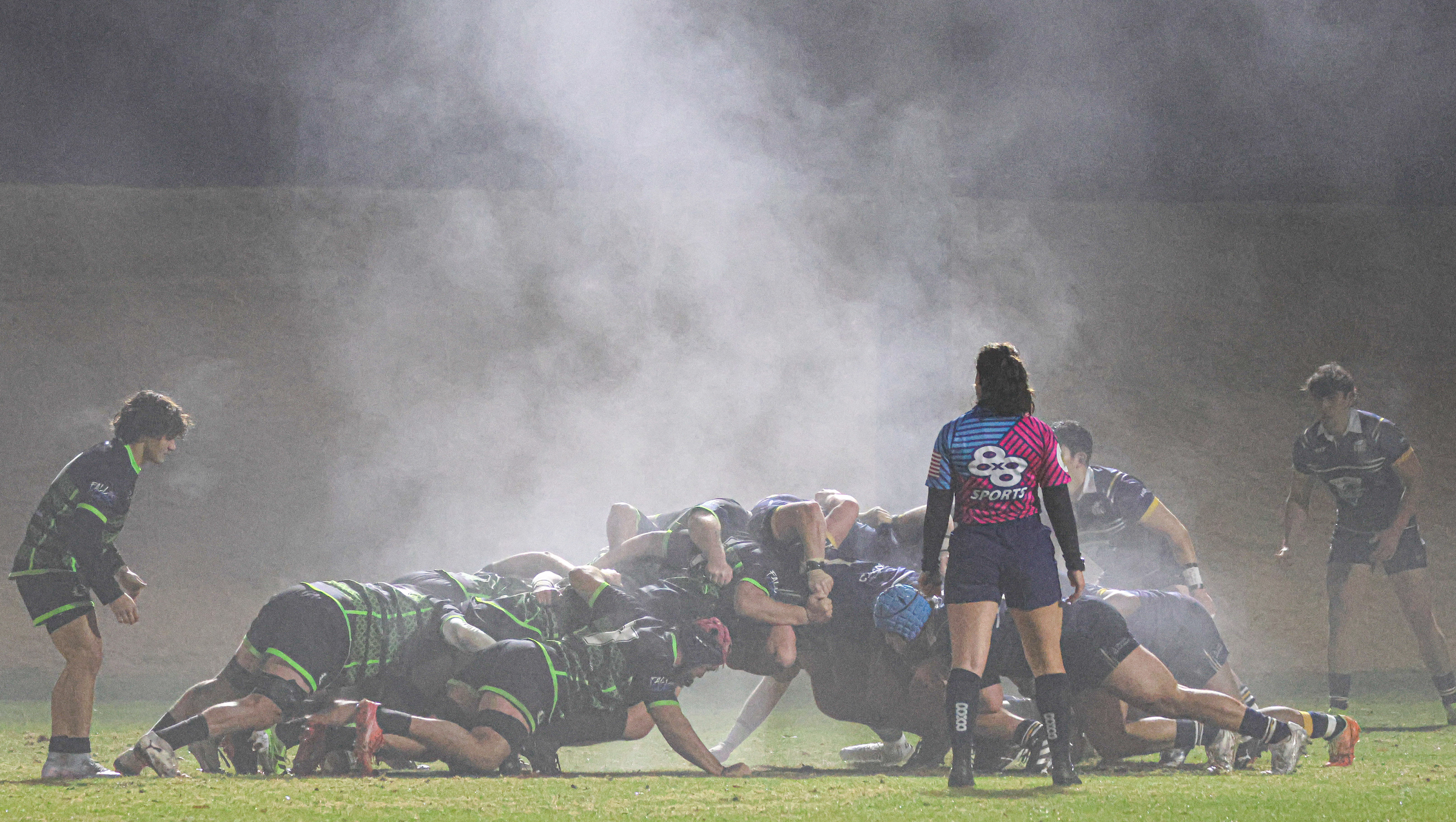 Scrum in the fog UBC vs Life at the 2025 Fall Classic. Photo Calder Cahill.