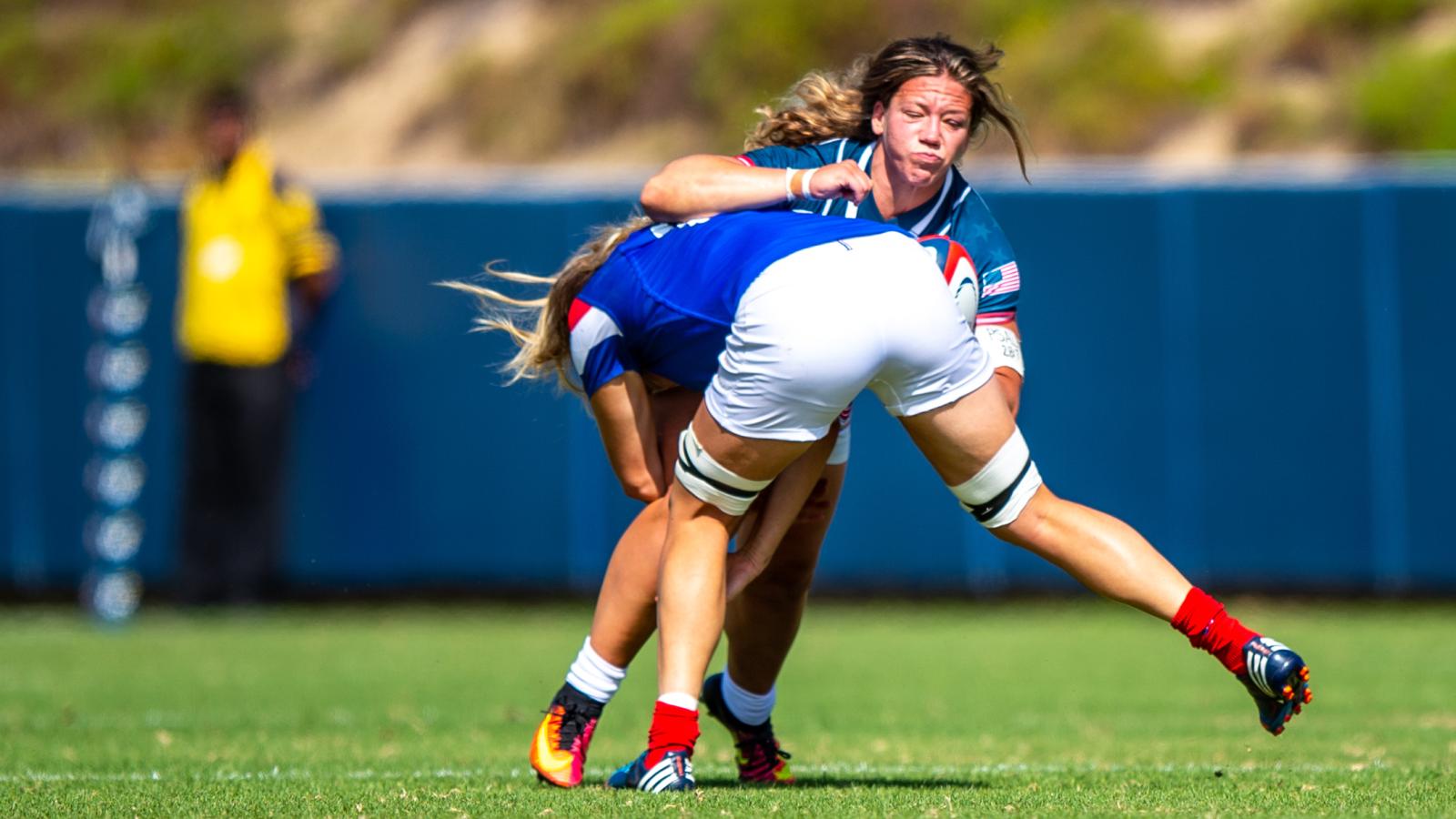 Hope Rogers makes a tackle vs France in 2019. Photo David Barpal.