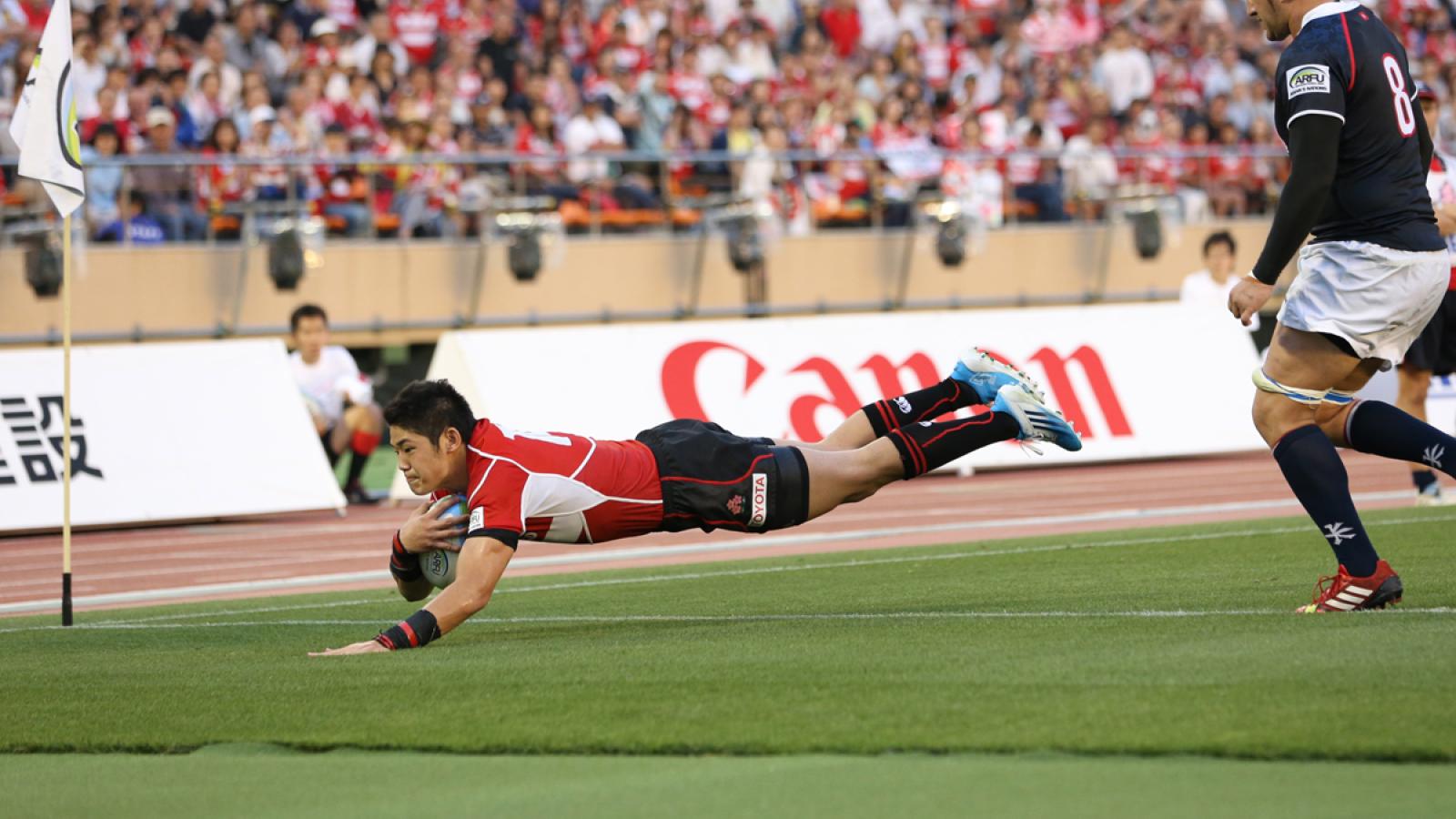 JPN winger Yoshikazu Fujita crosses over for 1 of 3 tries in Tokyo 0