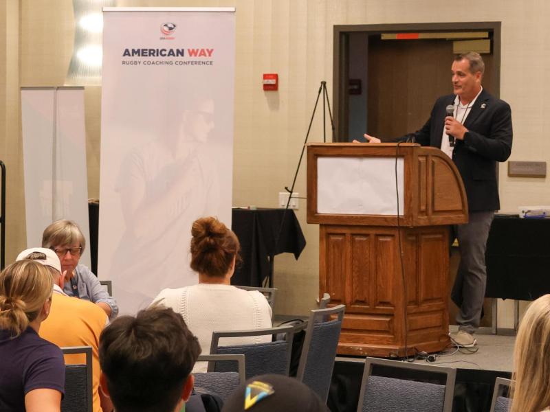 USA Rugby CEO Bill Goren addresses coaches at the 2026 American Way Coaching Conference.
