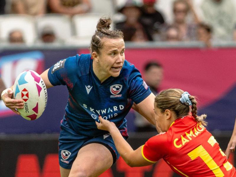 Kristi Kirshe fends off some Spanish attention at the 2026 Bordeaux 7s. Alex Ho photo.