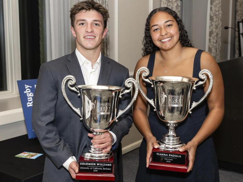 Solomon Williams and Tiahna Padilla proudly display their trophies during the Awards Event at the Washington Athletic Club. Photo Quinn Toomey for the WAC.