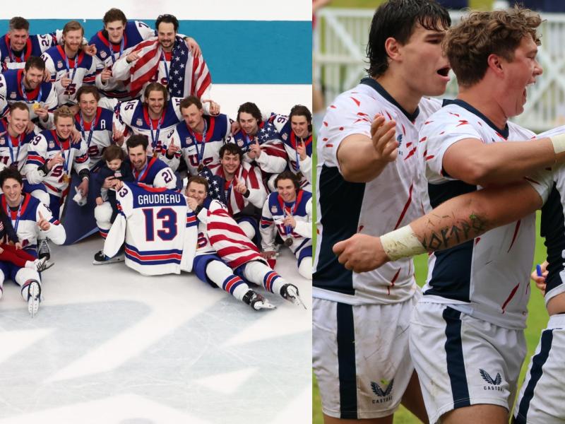 USA wins Gold in hockey. USA U20s celebrate a win over Canada. Photos USA Hockey and USA Rugby.