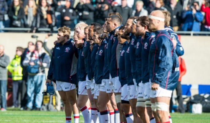 USA Mens National Rugby Team stands for the National Anthem November 1 v New Zealand in Chicago. David Barpal photo.