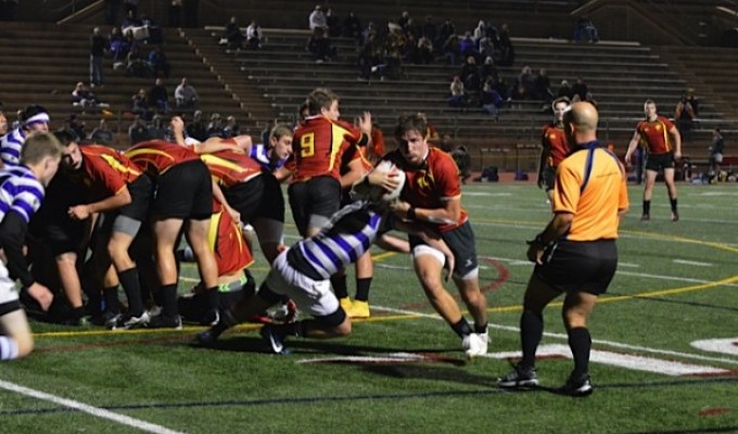 Torrey Pines HS rugby team flanker Mason O'Rosky takes the ball directly out of the scrum, and turns upfield against St. Augustine December 19.  Photo:  Denise Cavanagh