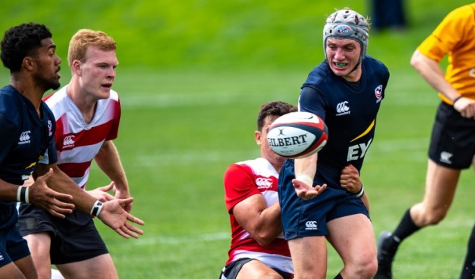 Mitch Wilson offloads to Tavite Lopeti for the Collegiate All Americans in 2019. David Barpal photo.