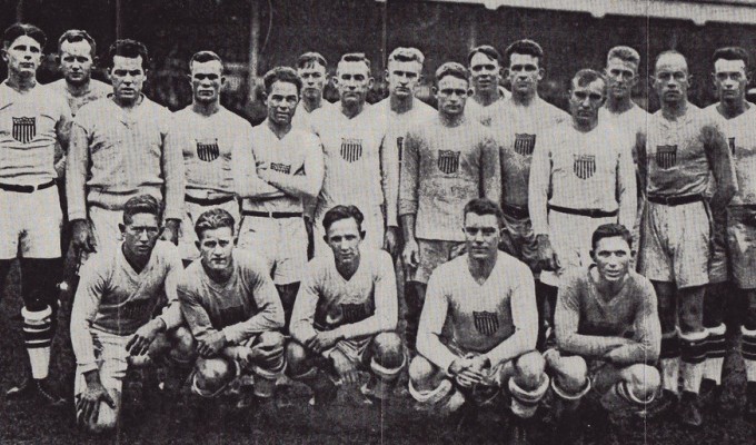 The 1920 Olympic rugby team. Charles Doe is in the front row, far left.