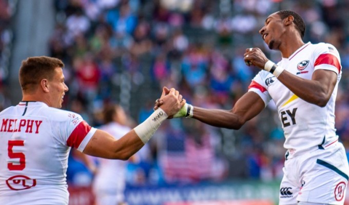 Perry Baker and Cody Melphy share a moment at the LA 7s. David Barpal photo.