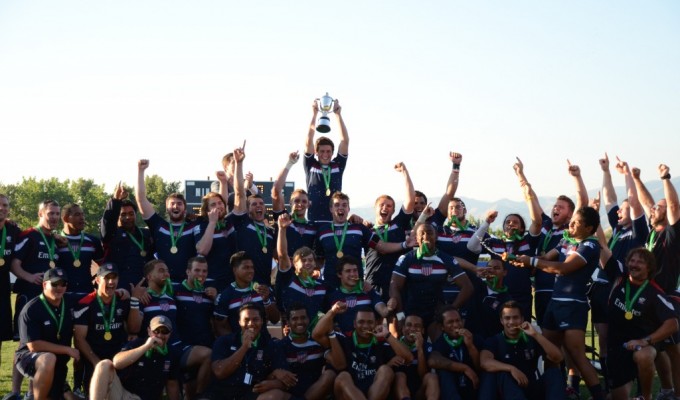 The USA U20 men winning celebrating winning the 2021 World Rugby Trophy. Photo P. Crane.