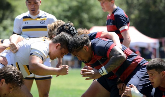 Payton Telea Ilalio, at right, packs down against Cal. Karen Drinkwater photo.