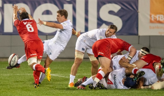 Cam Dolan watches Ruben de Haas launch a box kick. The USA kicking game was on-song on Saturday. David Barpal photo.