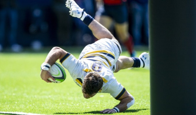 Cal nudges up. And yes, he scores this try (from 2023). David Barpal photo.