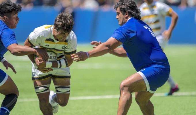 BYU in blue and Cal in white, blue, and gold in Saturday's D1A semifinal. David Barpal photo.