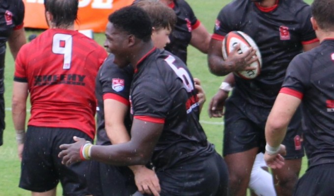 Aaron Jump celebrates a teammate's try during the MLR Rising game. Photo Alex Goff.