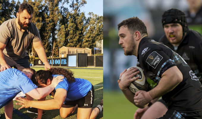 Alex Corbisiero, left, works with UCLA forwards, and Adam Ashe, right, in action for Scotland. Photos UCLA Rugby and INPHO