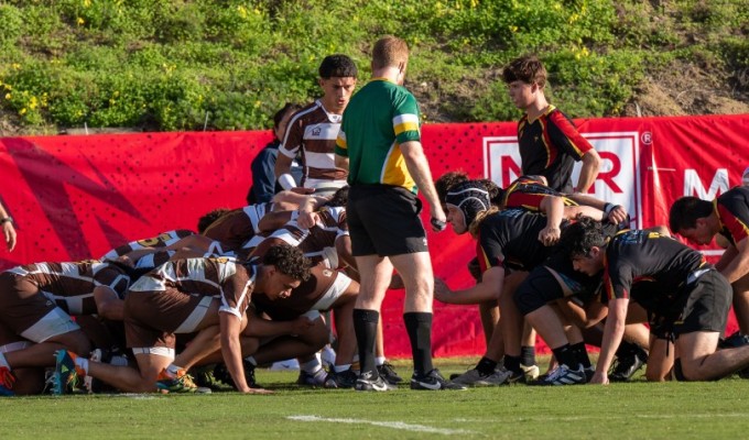 St. Francis, at left, scrums down vs Torrey Pines, at right. Photo Adam Taich.