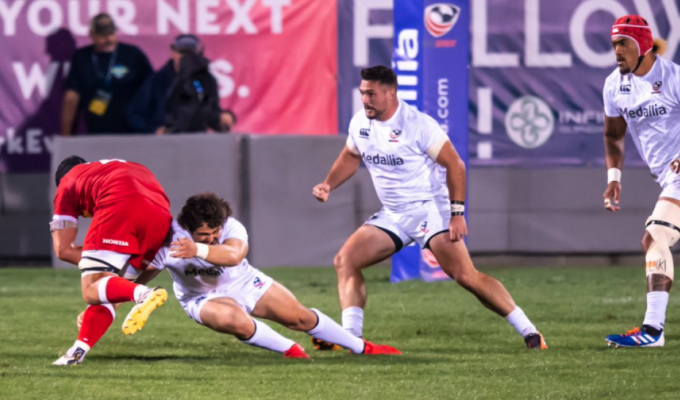 Andrew Makes a Tackle vs Canada earlier this year. David Barpal photo.