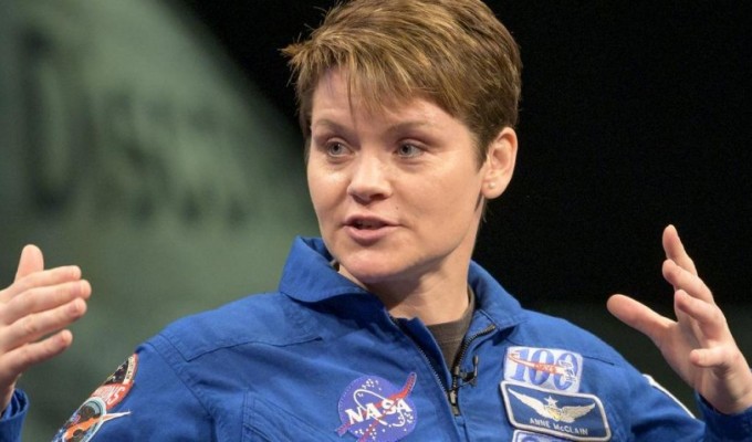 Anne McClain answers a question during a NASA presentation. Photo NASA.