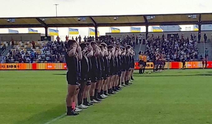 The Army Black Knights salute during the National Anthem. Alex Goff photo.