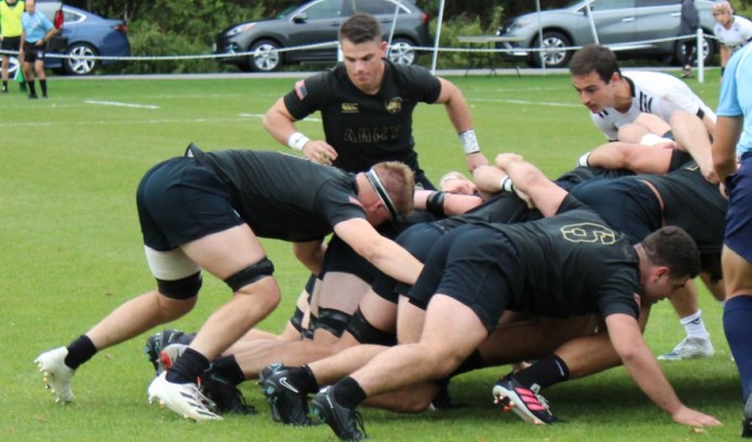 Tiaan Mosconi slides to the back of the scrum for Army against St. Bonaventure October 2, 2022. Alex Goff photo.