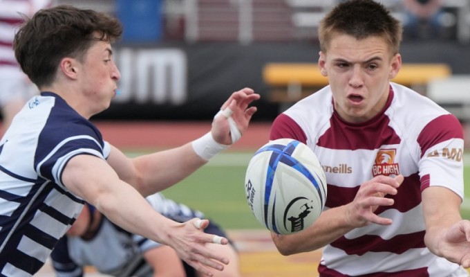 BC High in maroon and white vs Belmont HS. Photo by BC High Rugby.