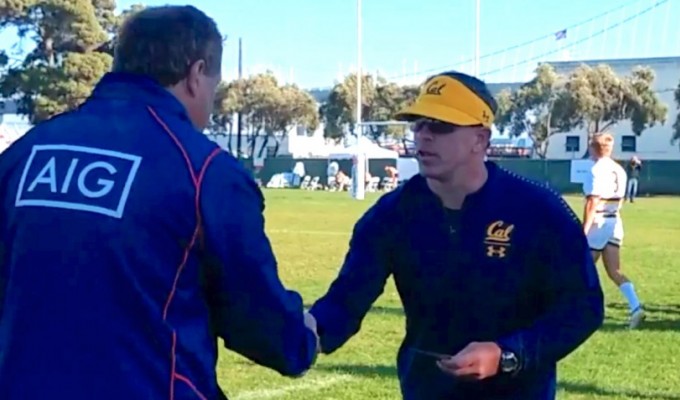 Tom Billups shakes hands withthe oppoising coach after a game at Treasure Island. Alex Goff photo.