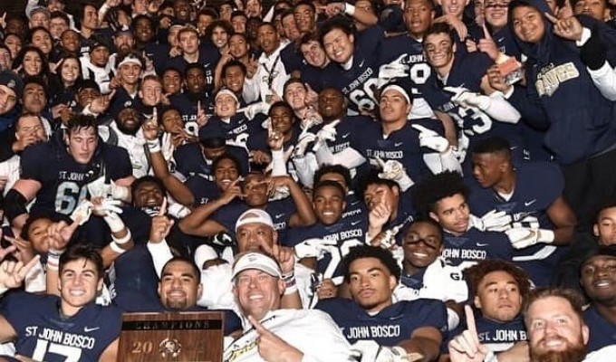 St. John Bosco Football celebrates. Photo from St. John Bosco HS Facebook feed.