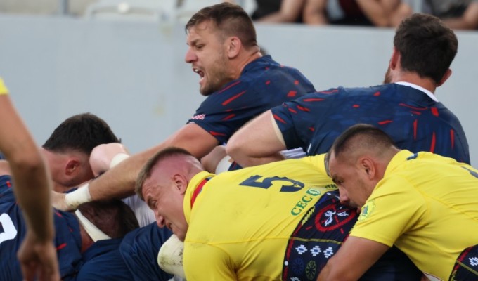 Cam Dolan urges on the maul against Romania. Calder Cahill USA Rugby photo.