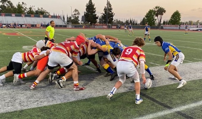 Scrum time with Cathedral Catholic (red) vs Fallbrook Dragons (blue). 