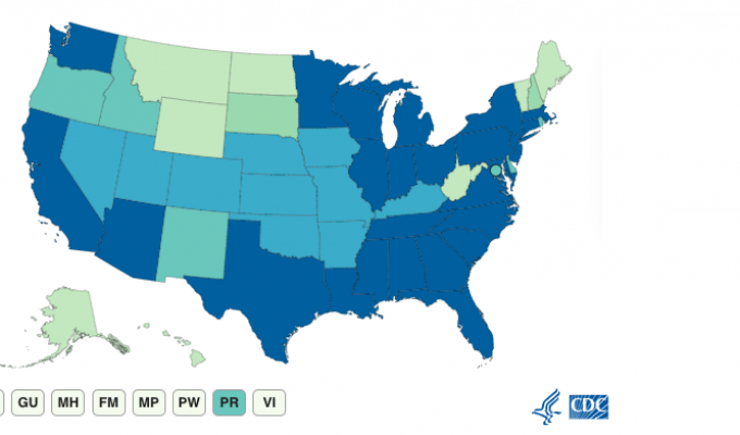 CDC Color-Coded mapof COVID-19 Cases by State.