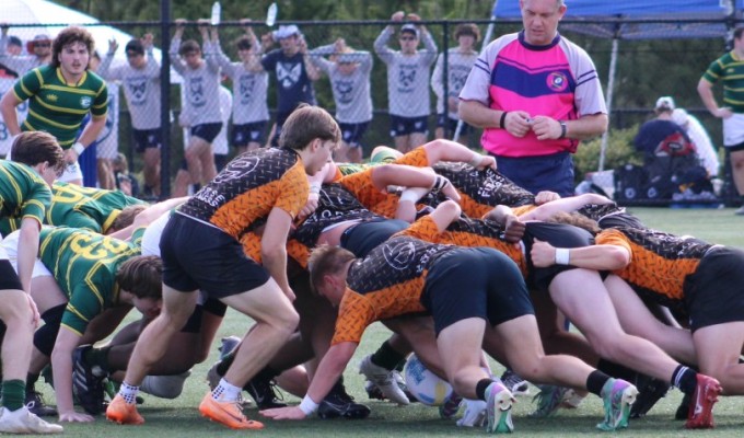 Charlotte Tigers scrum during the 2024 Carolina Ruggerfest. Alex Goff photo.