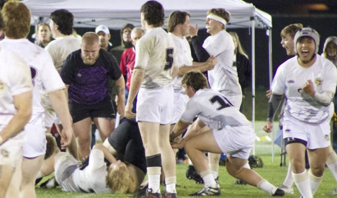 CU players celebrate a key moment.