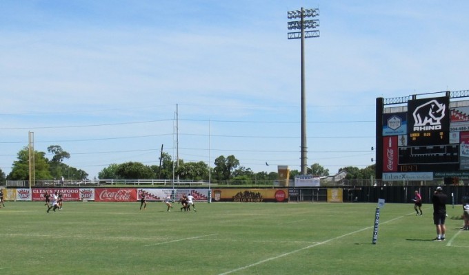 A wide shot of Lindenwood vs Louisiana at the Gold Mine on Airline. Alex Goff photo.