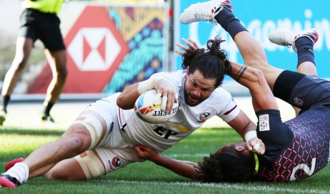 Danny Barrett powers over against England. Mike Lee KLC Fotos for World Rugby.