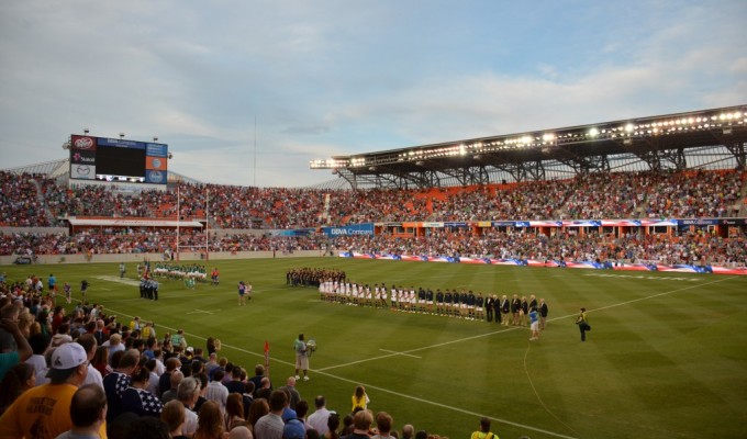 USA and Ireland line up to face each other at BBVA Compass Stadium in Houston in 2013. Ian Muir photo.