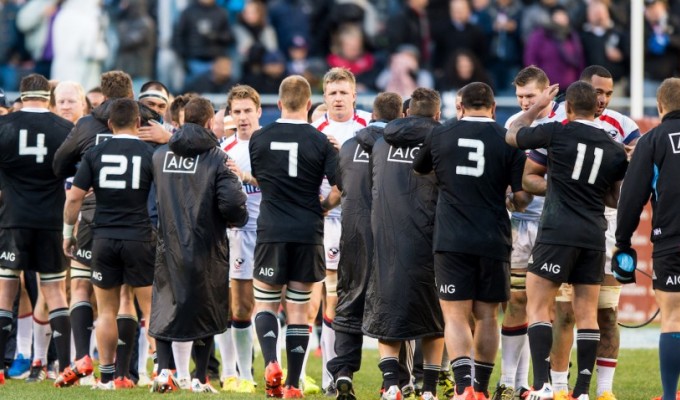 Sam Cane, wearing #7 in black, in the handshake line after the All Blacks defeated the USA in 2014. David Barpal photo.